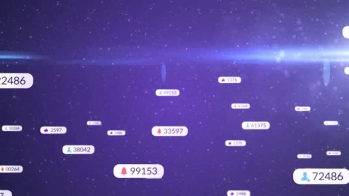 社交媒体图标上的光标动画和白色横幅上的数字以及紫色天空上的星星