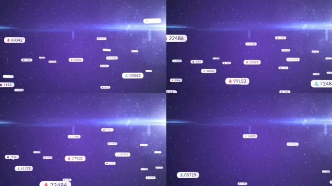 社交媒体图标上的光标动画和白色横幅上的数字以及紫色天空上的星星