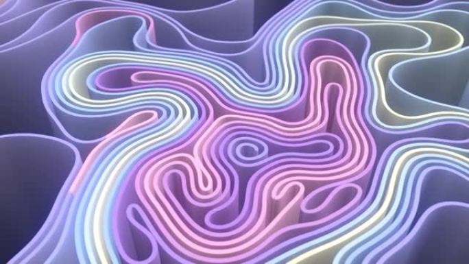 纠结的几何图案，带有明亮的彩虹彩虹色。动画彩色信号线显示了迷宫出口的方向。3d渲染抽象设计元素。4K