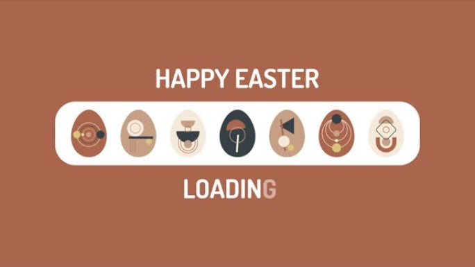 进度条动画波西米亚快乐复活节加载和装饰鸡蛋的扁平风格。带阿尔法哑光频道的4k复活节视频动画