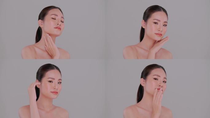 亚洲年轻女子美丽的脸庞，皮肤自然。迷人女孩的肖像，化妆柔和，皮肤白皙。
