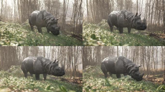 印度犀牛在一片空地上吃草，吃绿草。野生动物和野生动物。动物动画，自然和教育背景。