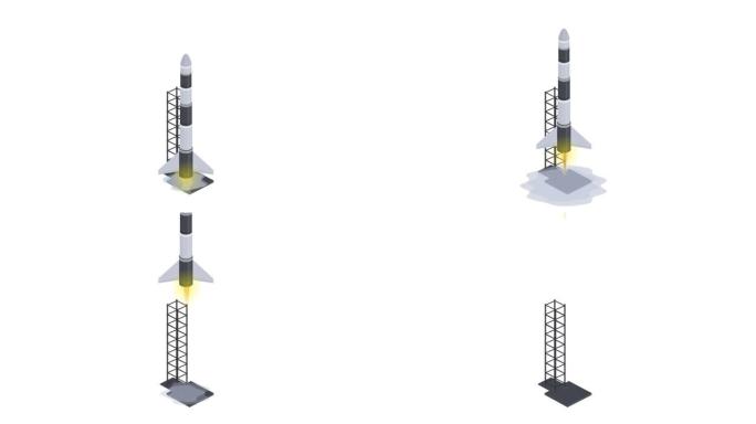 火箭。火箭从太空港发射的动画。卡通
