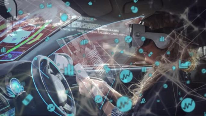 数字图标网络反对女性在自动驾驶汽车中使用数字平板电脑佩戴vr耳机