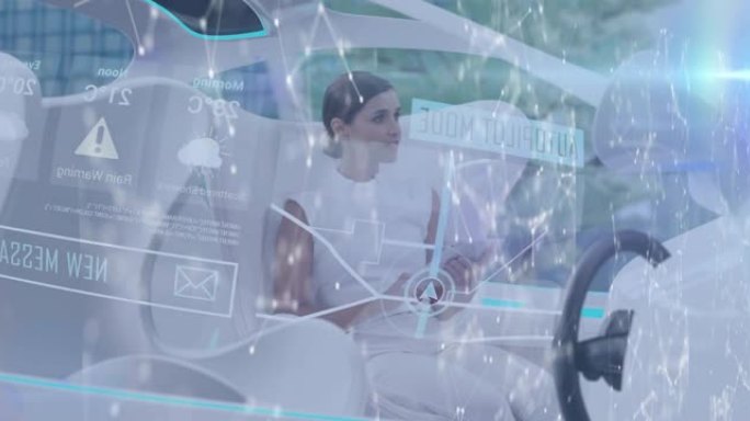 在汽车上使用平板电脑对女性进行连接和数据处理的网络动画