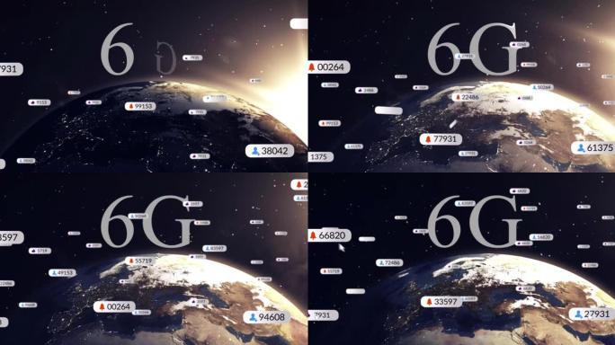 6g文本动画，全球横幅上的社交媒体图标