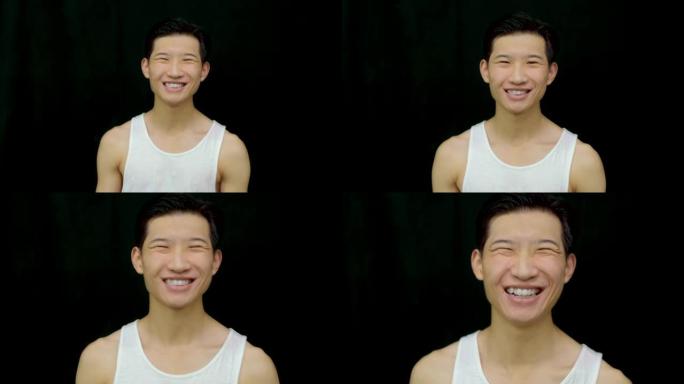 快乐的微笑有趣的韩国男人与明亮的笑声。肖像亚洲欢乐特写。