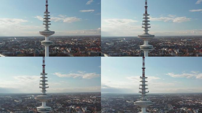 海因里希·赫兹电视塔在汉堡市中心的城市景观上方的近距离鸟瞰图