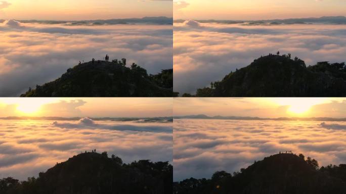 风景优美的空中无人机俯视图山脉美丽的日出雨林日出时有雾和薄雾，乐山，萨道，宋卡