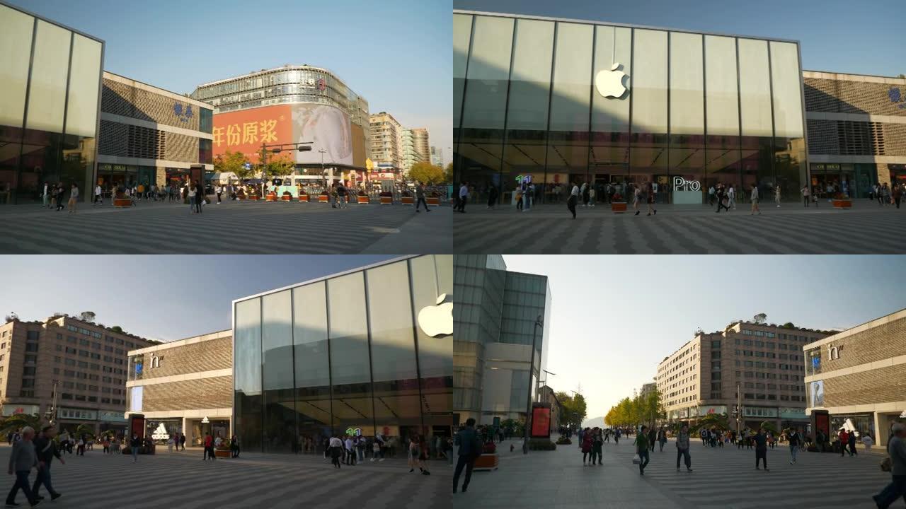 日落时间杭州市湖区著名购物街广场步行全景4k中国