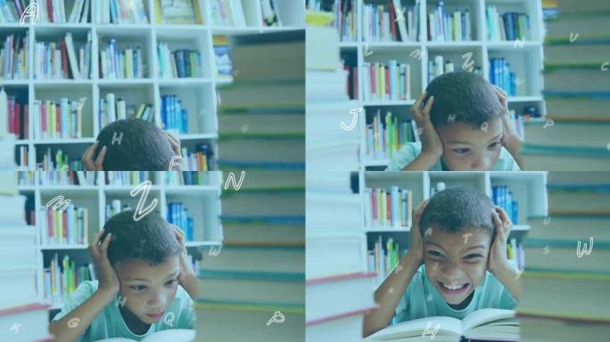 在图书馆中，漂浮在男孩身上的多个字母的数字组成覆盖了他的耳朵