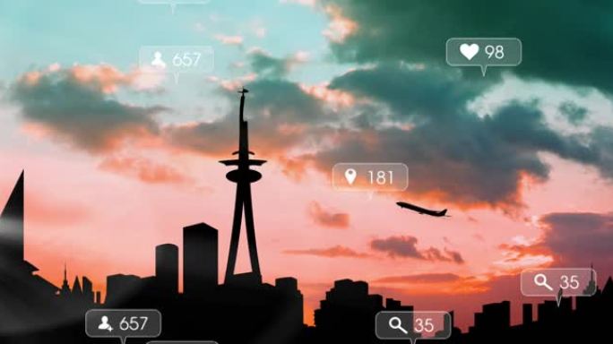 飞机起飞和城市景观横幅上的社交媒体图标和数字的动画