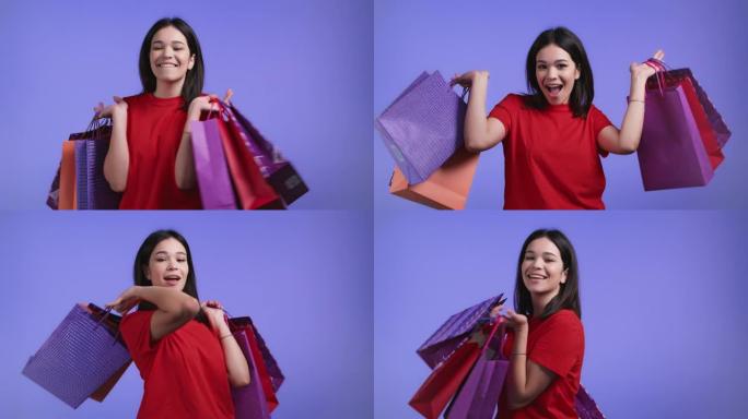 在紫罗兰工作室背景下购物后，兴奋的女人带着彩色纸袋。季节性销售、购买、花钱买礼物的概念