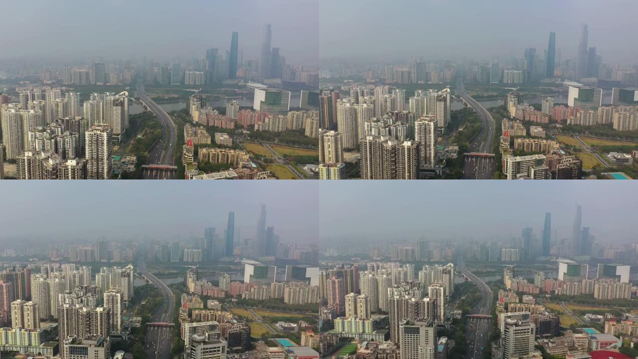 阳光明媚的日子广州城市交通路桥著名的市中心全景航空全景4k中国