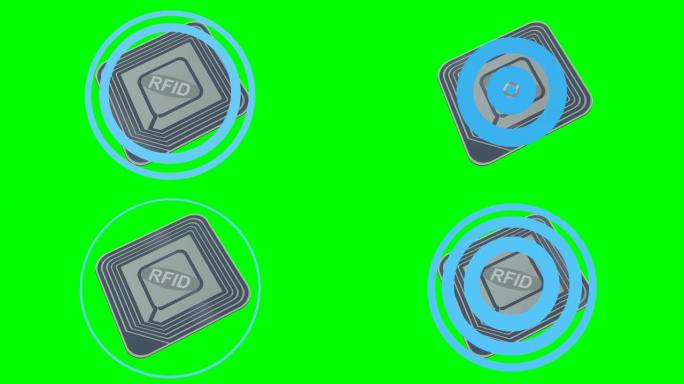 静态RFID芯片在绿色背景上发出圆形波的动画循环