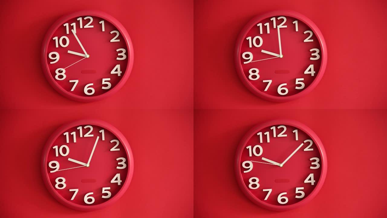 红色背景上红色挂钟的时间流逝
