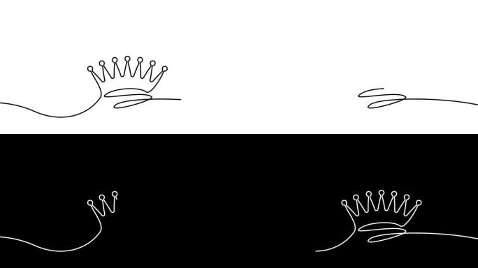 自画王冠。白色皇冠单连续一黑线绘制的简单动画。领导力、权力、奢侈品、财富、成功的象征。4k视频运动图