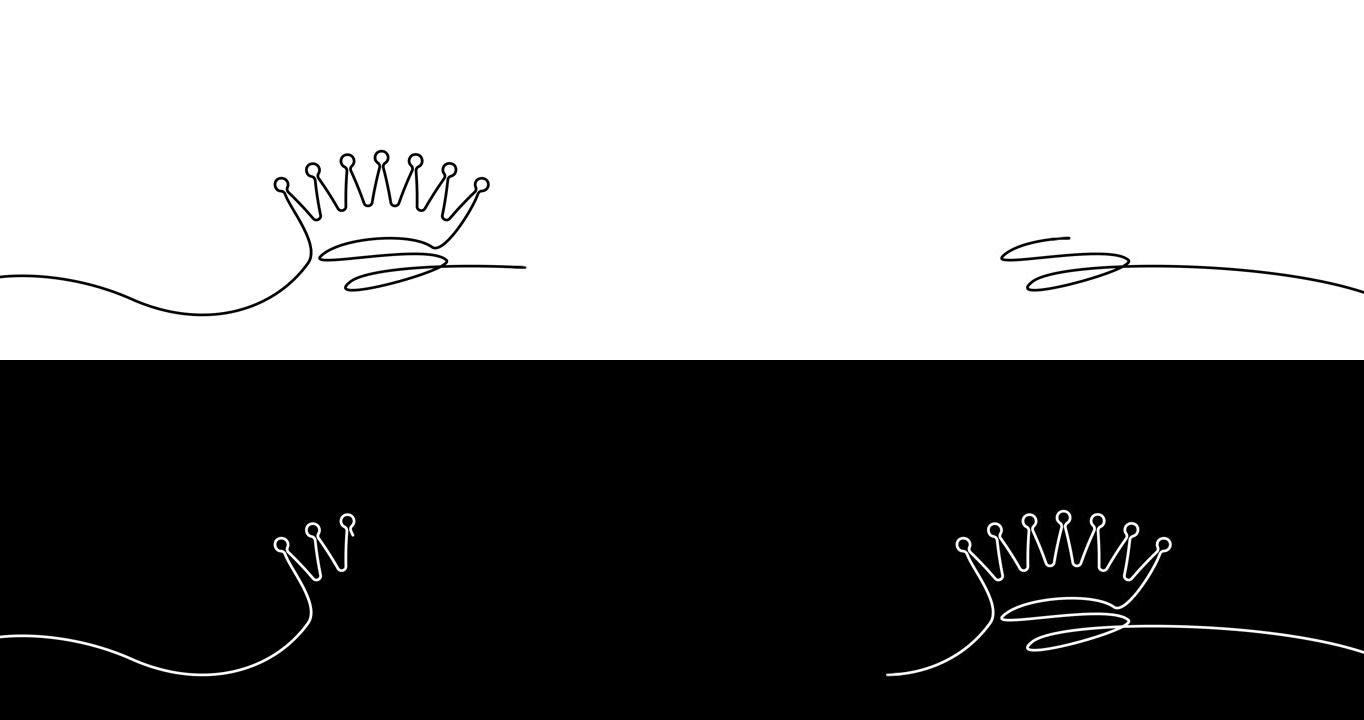 自画王冠。白色皇冠单连续一黑线绘制的简单动画。领导力、权力、奢侈品、财富、成功的象征。4k视频运动图