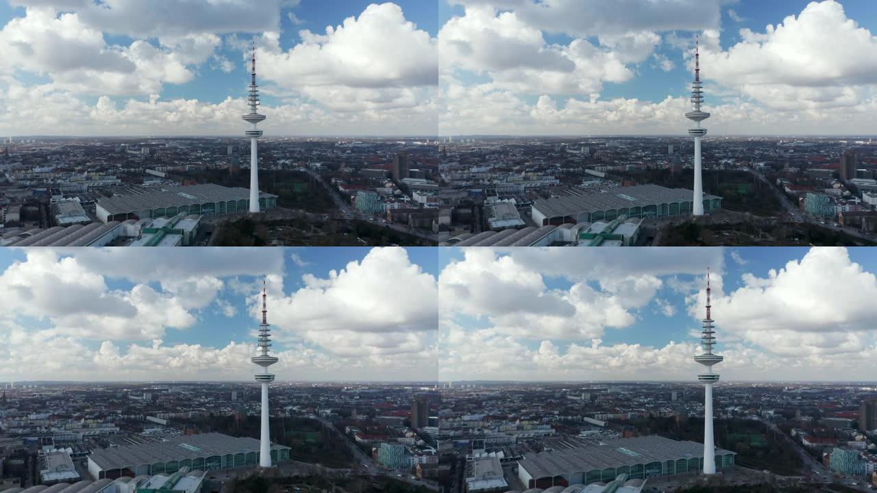 汉堡市中心上方海因里希·赫兹电视塔的近距离俯视图