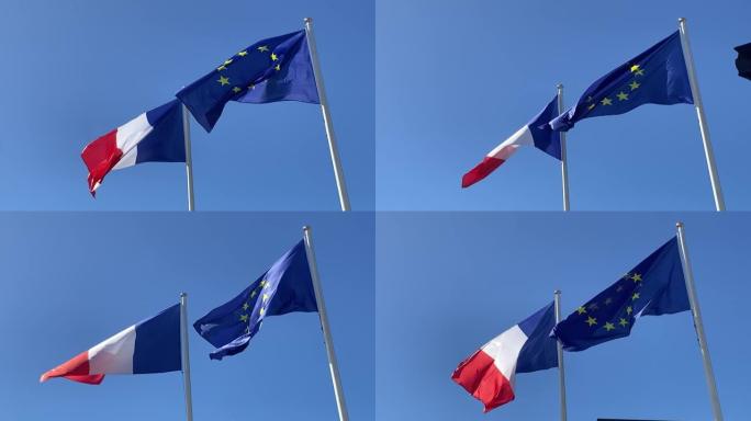法国和欧洲国旗一起慢慢挥舞