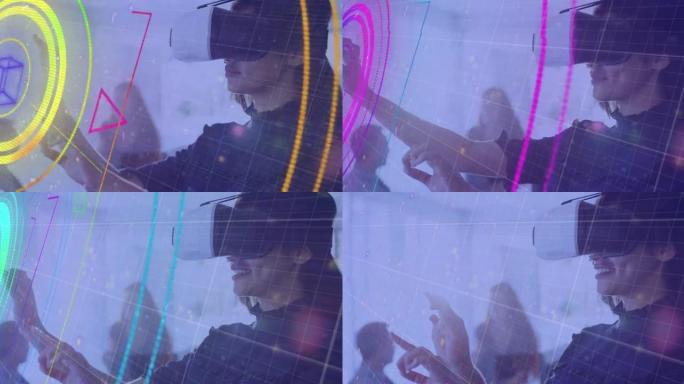 示波器扫描动画，在戴着虚拟现实耳机的女人身上闪烁痕迹，移动她的手
