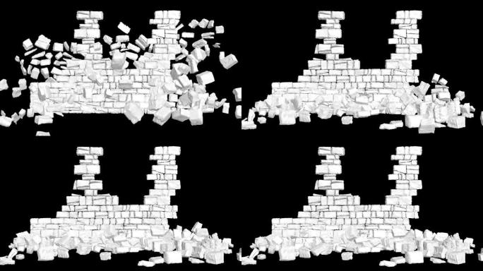墙壁爆炸，破坏。3D动画。石墙倒塌。透明背景。