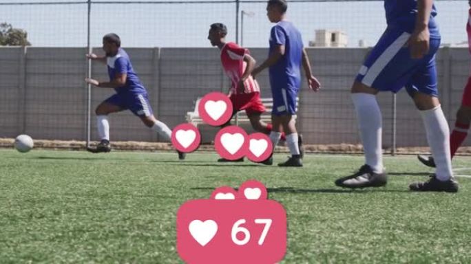 与两支男足运动员踢足球的人数不断增加的心脏图标