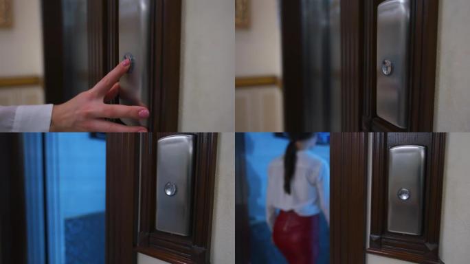 女人的手在电梯里按下按钮。身穿白衬衫的无法识别的女人进入电梯。选择性聚焦。