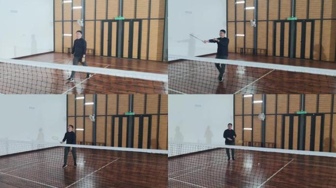 亚洲华人成熟男子在羽毛球场比赛