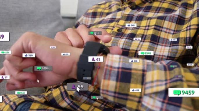 社交媒体图标和数字在男子检查智能手表上的白色横幅上的动画
