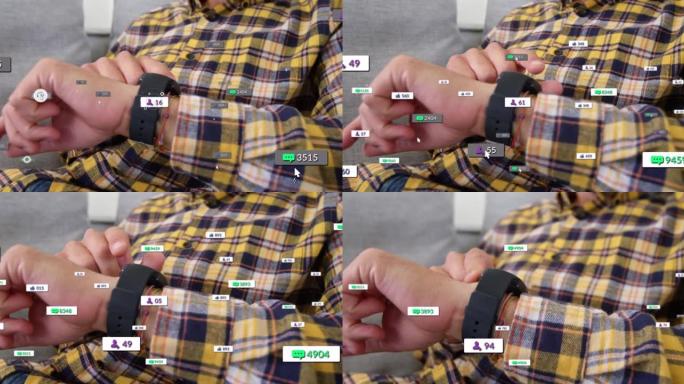 社交媒体图标和数字在男子检查智能手表上的白色横幅上的动画