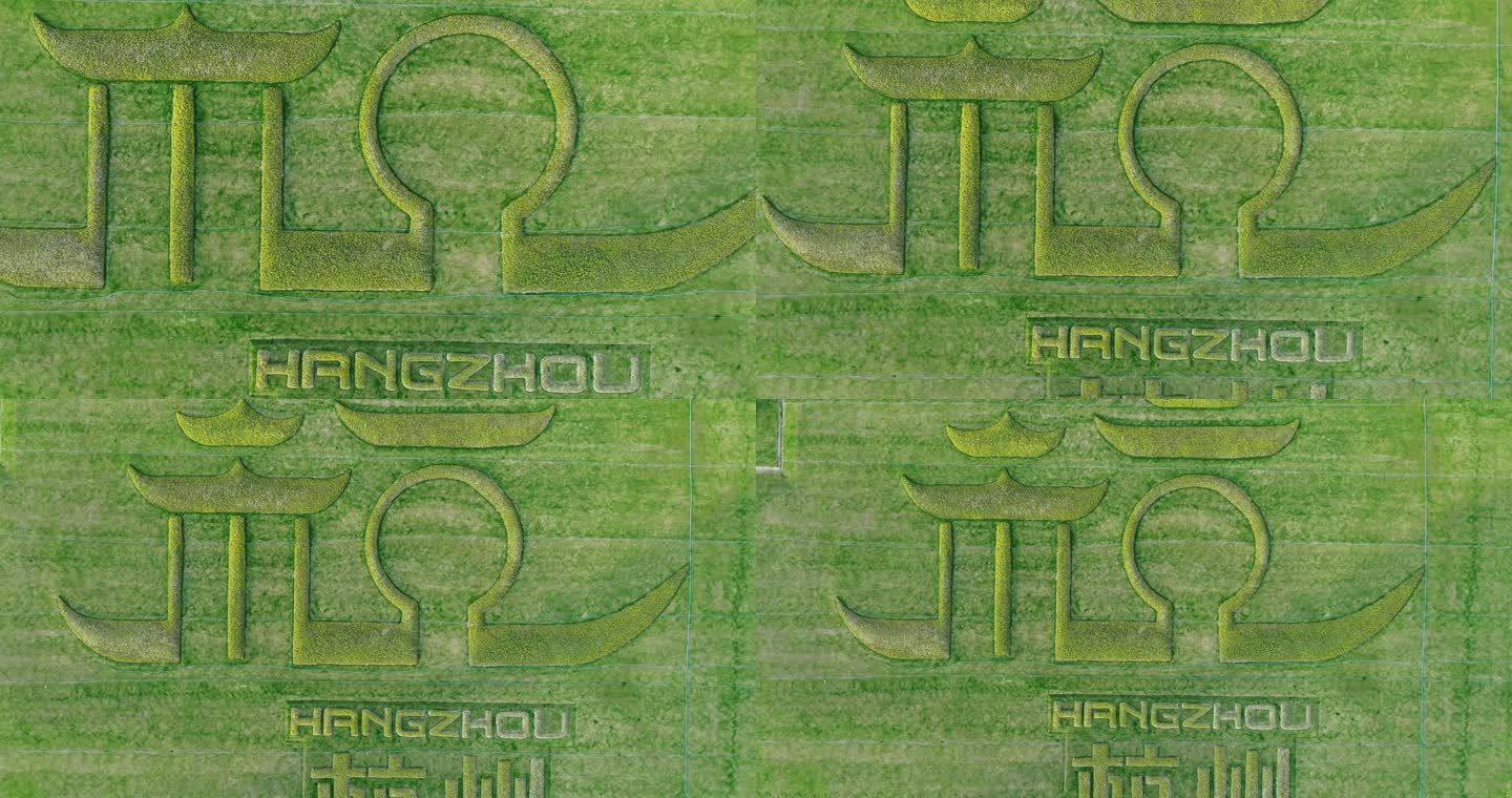俯瞰杭州城市标志文字草坪