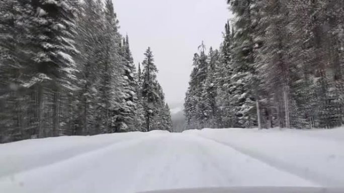 冬季在黄石公园沿积雪覆盖的高速公路行驶