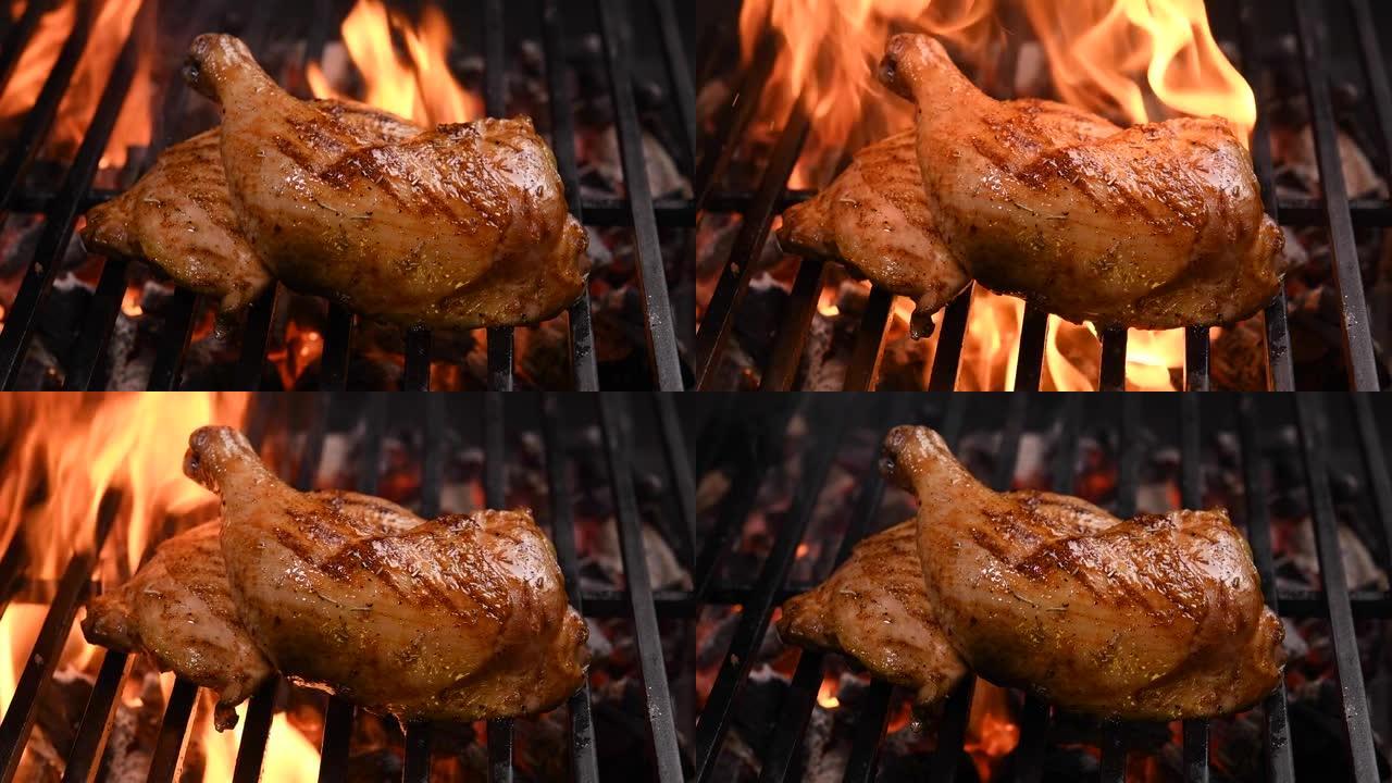 火焰烤架上的烤鸡大腿慢动作