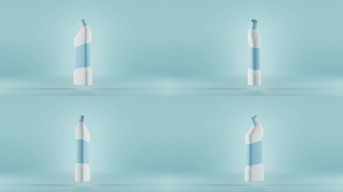 孤立的蓝色背景上的马桶清洁剂。带有品牌标签的白色塑料瓶，用于浴室清洁或漂白剂的洗涤剂产品。容器消毒剂