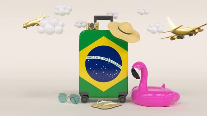 带巴西国旗手提箱的3D假日概念
