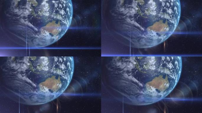 宇宙中地球的动画和从太空中看到的蓝色发光轨迹