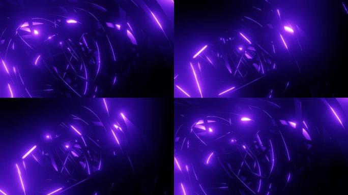 电线与脸上紫色霓虹灯发光的交点平滑地循环移动，不断相互交叉。具有同心机制和美丽光线的抽象科幻技术背景
