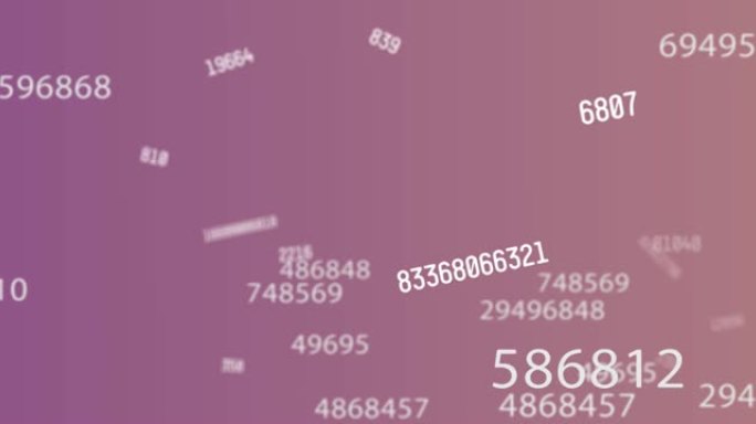 在紫色背景下浮动和移动的多个变化数字的数字动画