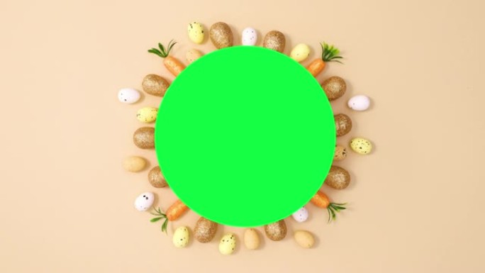 复活节彩蛋和装饰品在绿色屏幕圆圈下移动。停止运动flay lay