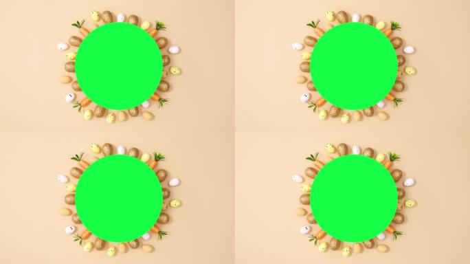 复活节彩蛋和装饰品在绿色屏幕圆圈下移动。停止运动flay lay