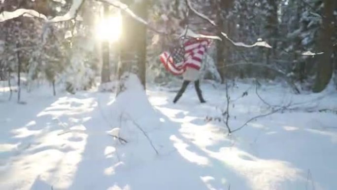 冬季光环中带有美国国旗的女孩