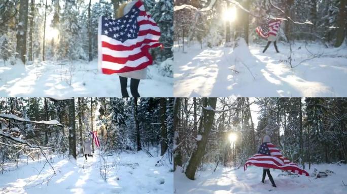 冬季光环中带有美国国旗的女孩