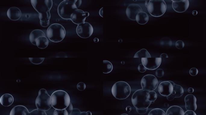 黑暗背景上光滑液体形状的3d渲染数字无缝循环动画。现代运动图形。具有景深的最小艺术风格。4K，超高清