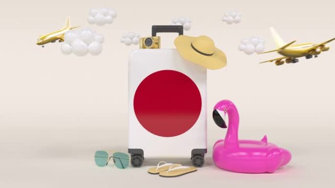 带日本国旗手提箱的3D循环假日概念