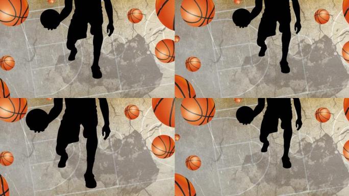 篮球场背景下篮球运动员剪影动画