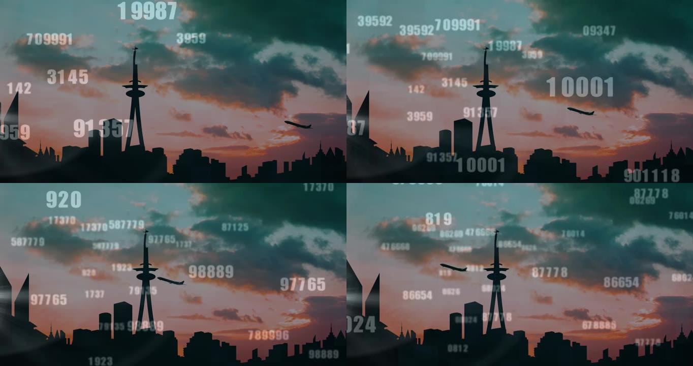 背景中飞机起飞和城市景观的数字处理动画