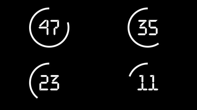 数字倒计时计时器在黑色背景上的白色圆圈60秒。