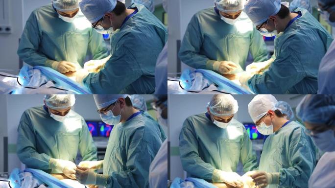 外科医生在医院手术。无法识别的外科医生将仪器握在患者的腹部