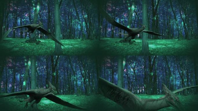 翼手龙在森林中飞行的3d动画